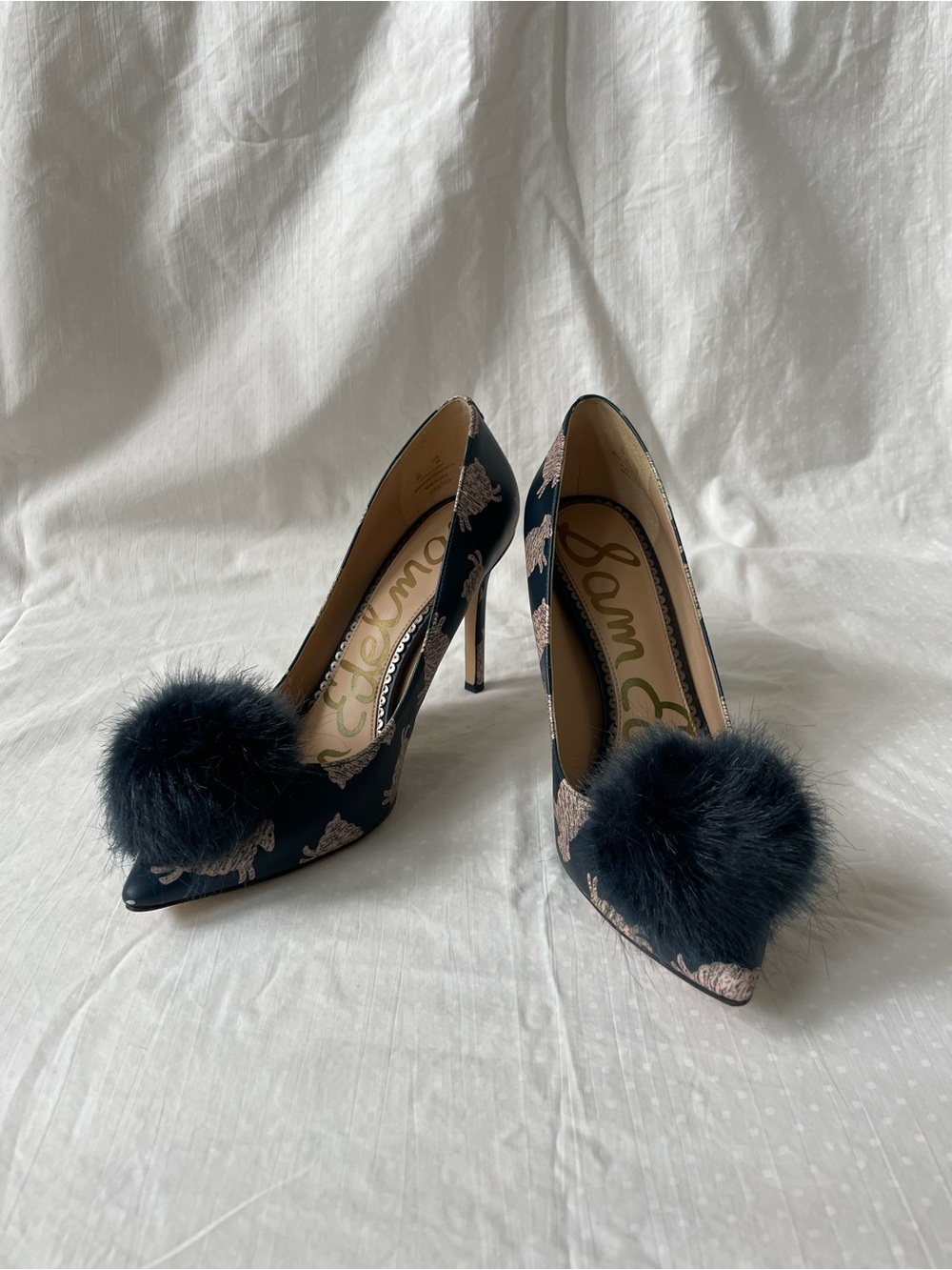 Sam Edelman Haroldson Navy Blue Floral Pointed-Toe Pumps with Pom Pom